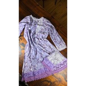 Limelight Purple Floral Cotton Kurta Embroidered Lace Tunic Top Festival